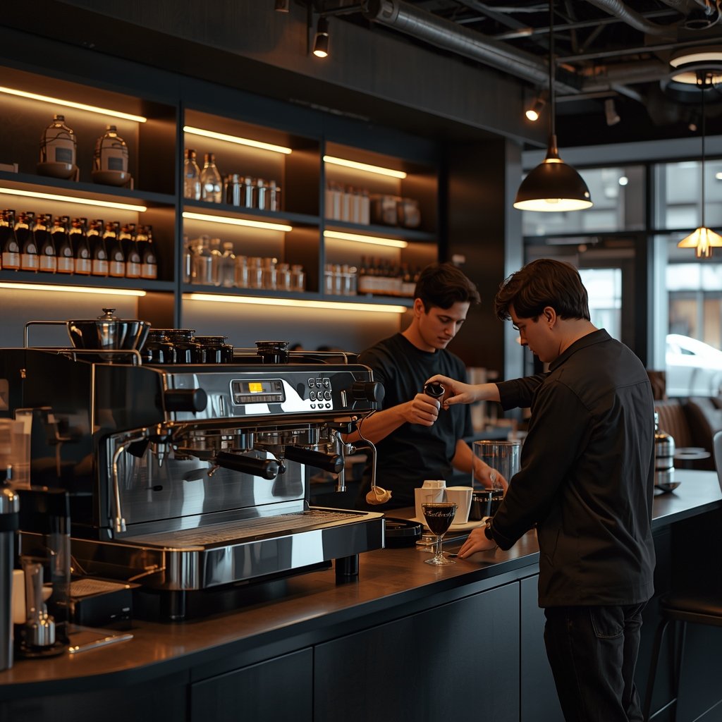 Barista preparing espresso in a gaming cafe